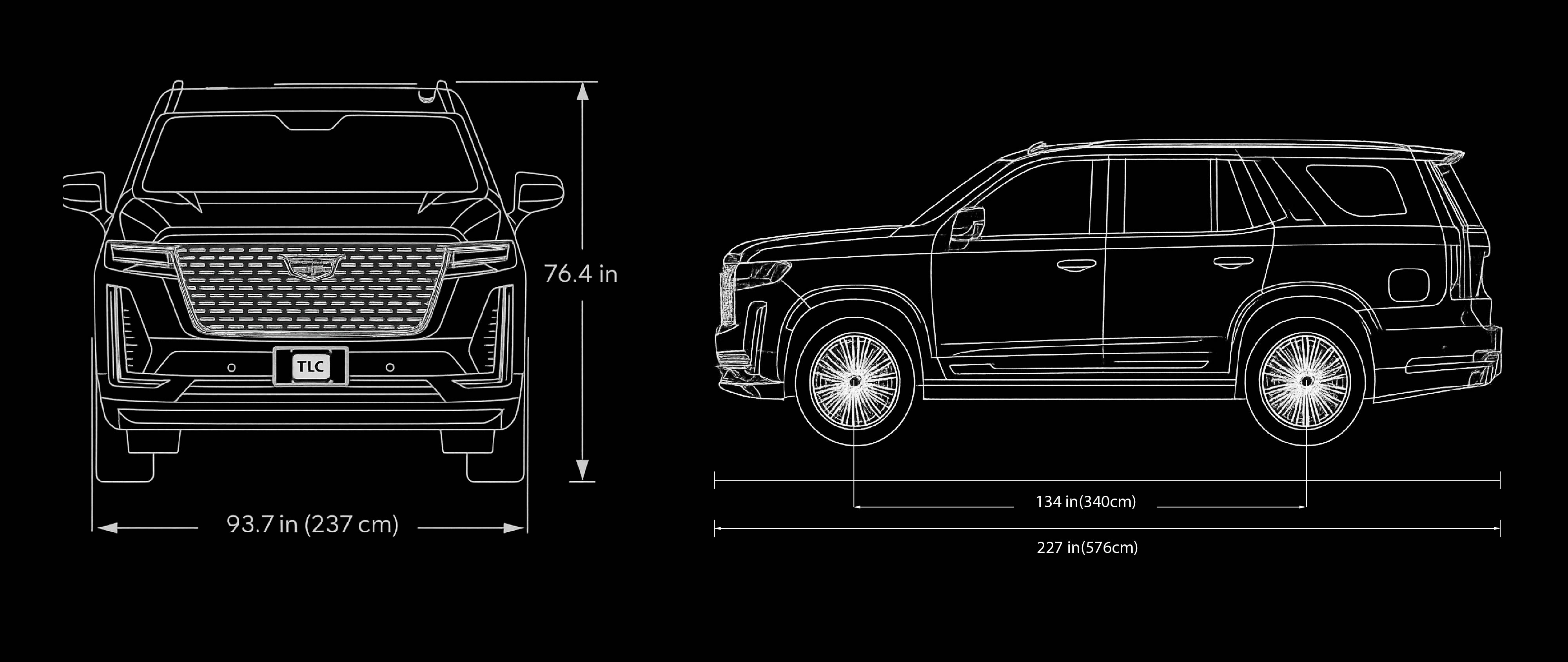 Dimensions for Armored Cadillac Escalade ESV: width 93.7 in (237 cm), height 76.4 in (194 cm), wheelbase 134 in (340 cm), length 227 in (576 cm)